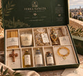 The Holy Land Blessings Gift Box, open, showing nine items