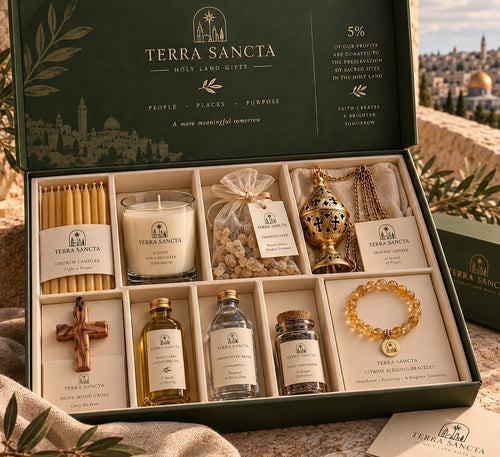 The Holy Land Blessings Gift Box, open, showing nine items